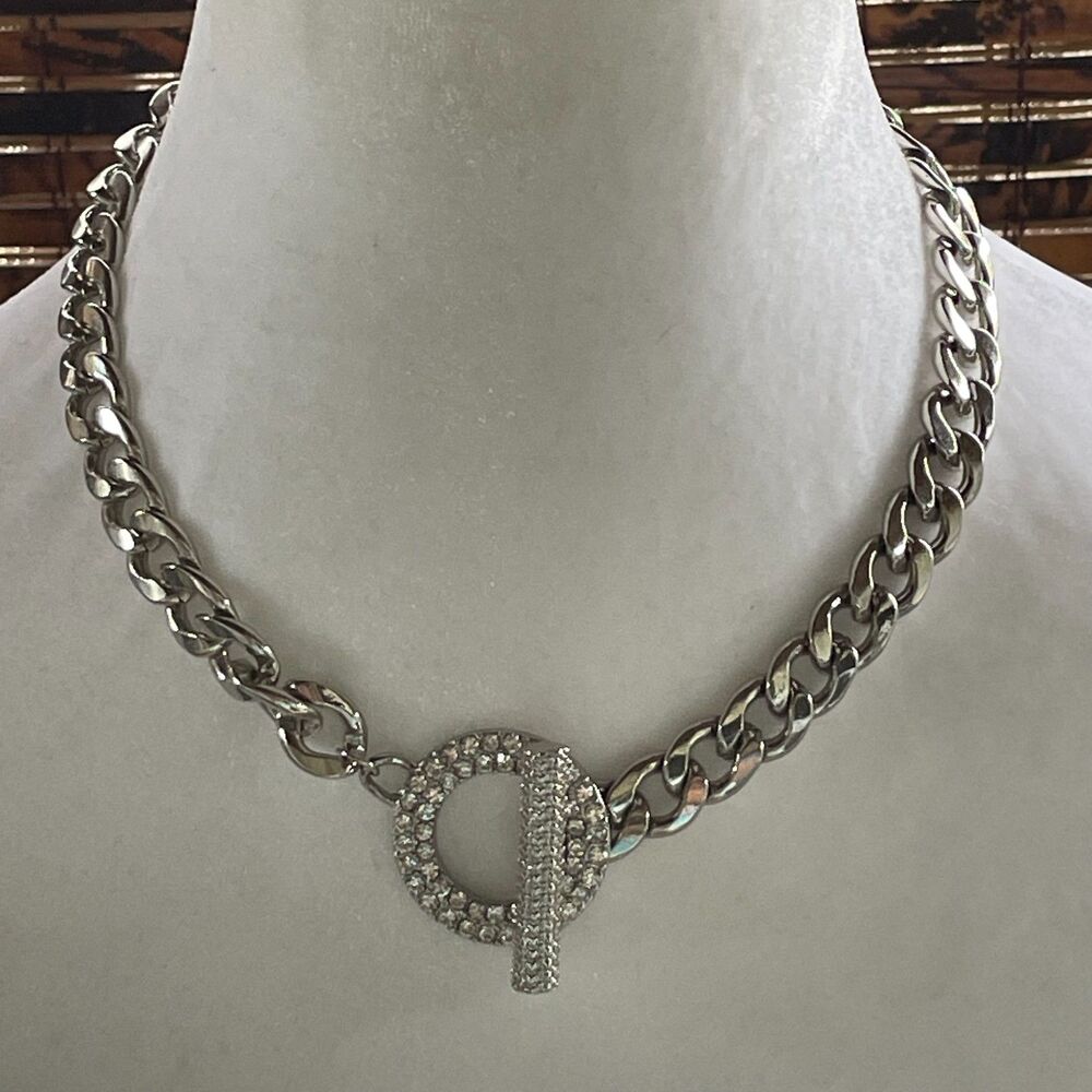 Rhinestone Toggle Clasp Chunky Silver Tone Curb Chain Statement Necklace 18.5